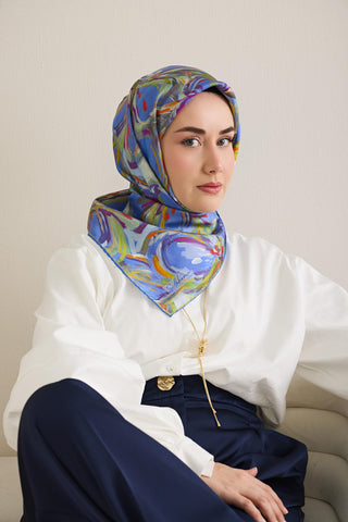 Twill İpek Eşarp Floral Art Desen Su Yeşili 90x90 - Twill İpek Eşarp - | Silk Home