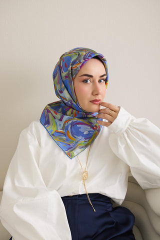 Twill İpek Eşarp Floral Art Desen Su Yeşili 90x90 - Twill İpek Eşarp - | Silk Home