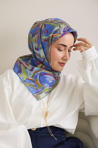 Twill İpek Eşarp Floral Art Desen Su Yeşili 90x90 - Twill İpek Eşarp - | Silk Home