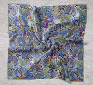 Twill İpek Eşarp Floral Art Desen Su Yeşili 90x90 - Twill İpek Eşarp - | Silk Home