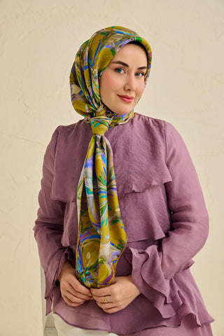 Twill İpek Eşarp Floral Art Desen Bej 90x90 - Twill İpek Eşarp - | Silk Home