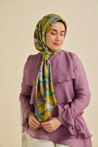 Twill İpek Eşarp Floral Art Desen Bej 90x90 - Twill İpek Eşarp - | Silk Home