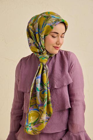 Twill İpek Eşarp Floral Art Desen Bej 90x90 - Twill İpek Eşarp - | Silk Home