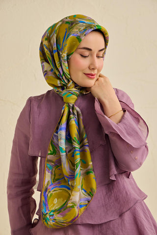 Twill İpek Eşarp Floral Art Desen Bej 90x90 - Twill İpek Eşarp - | Silk Home
