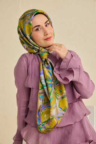 Twill İpek Eşarp Floral Art Desen Bej 90x90 - Twill İpek Eşarp - | Silk Home