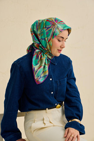 Twill İpek Eşarp Floral Art Desen Patina Yeşili 90x90 - Twill İpek Eşarp - | Silk Home
