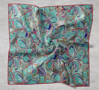 Twill İpek Eşarp Floral Art Desen Patina Yeşili 90x90 - Twill İpek Eşarp - | Silk Home