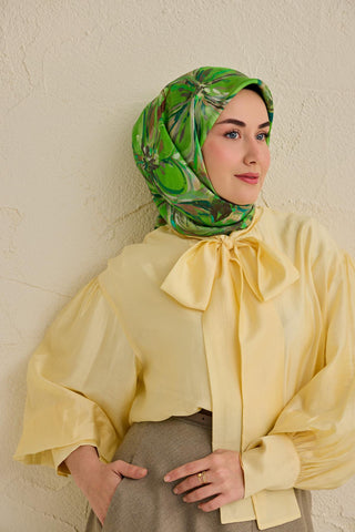 Twill İpek Eşarp Floral Art Desen Yeşil 90x90 - Twill İpek Eşarp - | Silk Home