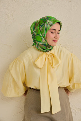 Twill İpek Eşarp Floral Art Desen Yeşil 90x90 - Twill İpek Eşarp - | Silk Home