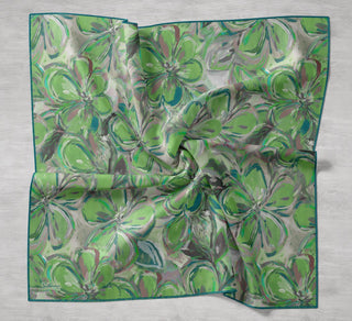 Twill İpek Eşarp Floral Art Desen Yeşil 90x90 - Twill İpek Eşarp - | Silk Home