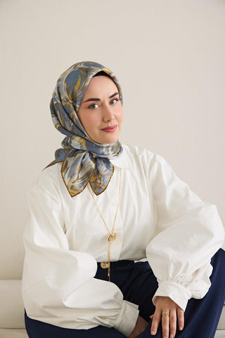 Twill İpek Eşarp Floral Art Desen Indigo 90x90 - Twill İpek Eşarp - | Silk Home