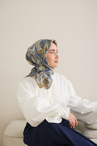 Twill İpek Eşarp Floral Art Desen Indigo 90x90 - Twill İpek Eşarp - | Silk Home