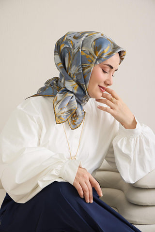 Twill İpek Eşarp Floral Art Desen Indigo 90x90 - Twill İpek Eşarp - | Silk Home