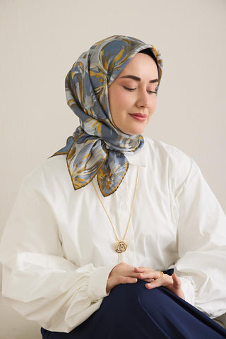 Twill İpek Eşarp Floral Art Desen Indigo 90x90 - Twill İpek Eşarp - | Silk Home