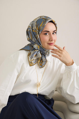 Twill İpek Eşarp Floral Art Desen Indigo 90x90 - Twill İpek Eşarp - | Silk Home