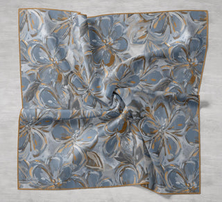 Twill İpek Eşarp Floral Art Desen Indigo 90x90 - Twill İpek Eşarp - | Silk Home