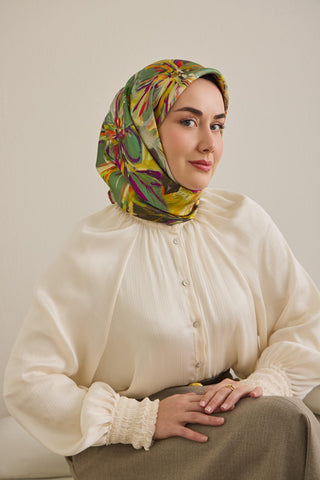 Twill İpek Eşarp Floral Art Desen Koyu Yeşil 90x90 - Twill İpek Eşarp - | Silk Home