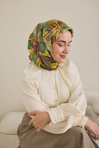Twill İpek Eşarp Floral Art Desen Koyu Yeşil 90x90 - Twill İpek Eşarp - | Silk Home
