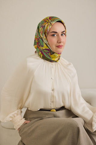 Twill İpek Eşarp Floral Art Desen Koyu Yeşil 90x90 - Twill İpek Eşarp - | Silk Home