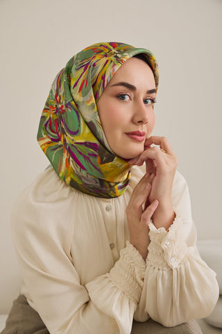 Twill İpek Eşarp Floral Art Desen Koyu Yeşil 90x90 - Twill İpek Eşarp - | Silk Home
