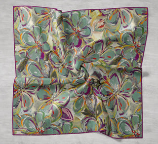 Twill İpek Eşarp Floral Art Desen Koyu Yeşil 90x90 - Twill İpek Eşarp - | Silk Home