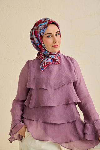 Twill İpek Eşarp Floral Art Desen Bordo 90x90 - Twill İpek Eşarp - | Silk Home