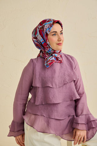 Twill İpek Eşarp Floral Art Desen Bordo 90x90 - Twill İpek Eşarp - | Silk Home