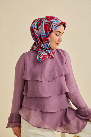 Twill İpek Eşarp Floral Art Desen Bordo 90x90 - Twill İpek Eşarp - | Silk Home