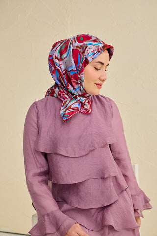 Twill İpek Eşarp Floral Art Desen Bordo 90x90 - Twill İpek Eşarp - | Silk Home