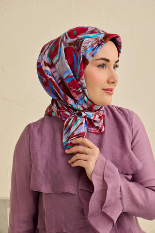 Twill İpek Eşarp Floral Art Desen Bordo 90x90 - Twill İpek Eşarp - | Silk Home