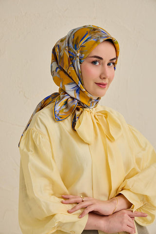 Twill İpek Eşarp Floral Art Desen Hardal 90x90 - Twill İpek Eşarp - | Silk Home