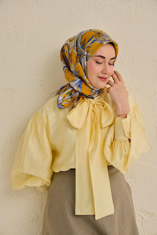 Twill İpek Eşarp Floral Art Desen Hardal 90x90 - Twill İpek Eşarp - | Silk Home