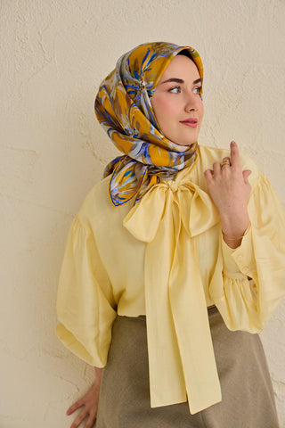 Twill İpek Eşarp Floral Art Desen Hardal 90x90 - Twill İpek Eşarp - | Silk Home