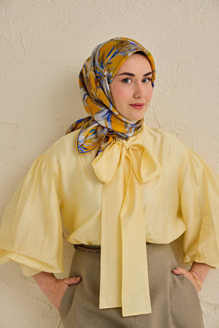Twill İpek Eşarp Floral Art Desen Hardal 90x90 - Twill İpek Eşarp - | Silk Home