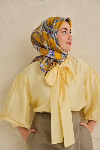 Twill İpek Eşarp Floral Art Desen Hardal 90x90 - Twill İpek Eşarp - | Silk Home