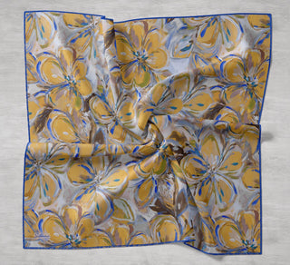 Twill İpek Eşarp Floral Art Desen Hardal 90x90 - Twill İpek Eşarp - | Silk Home