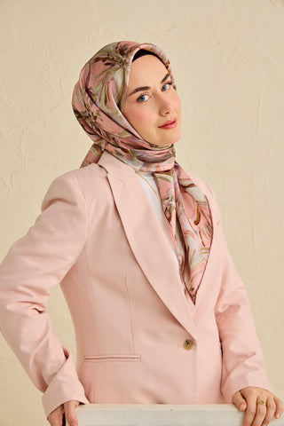 Twill İpek Eşarp Floral Art Desen Toz Pembe 90x90 - Twill İpek Eşarp - | Silk Home