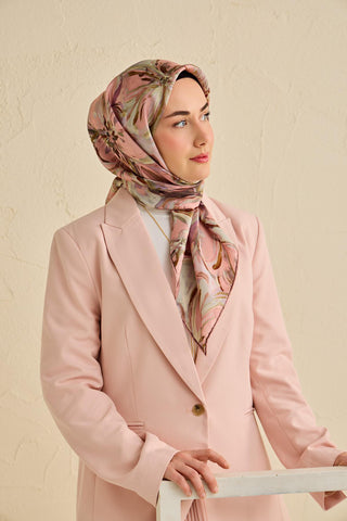 Twill İpek Eşarp Floral Art Desen Toz Pembe 90x90 - Twill İpek Eşarp - | Silk Home