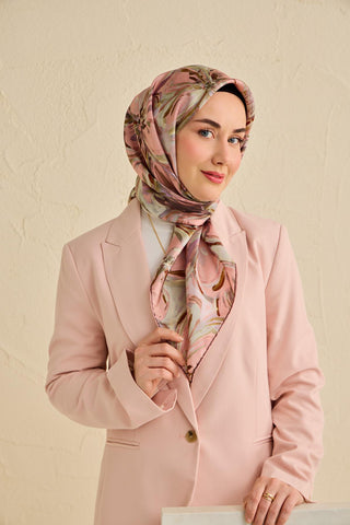 Twill İpek Eşarp Floral Art Desen Toz Pembe 90x90 - Twill İpek Eşarp - | Silk Home