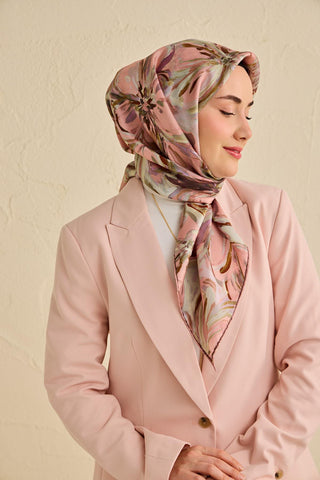 Twill İpek Eşarp Floral Art Desen Toz Pembe 90x90 - Twill İpek Eşarp - | Silk Home