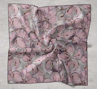 Twill İpek Eşarp Floral Art Desen Toz Pembe 90x90 - Twill İpek Eşarp - | Silk Home