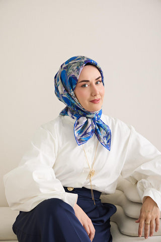 Twill İpek Eşarp Floral Art Desen Lacivert 90x90 - Twill İpek Eşarp - | Silk Home