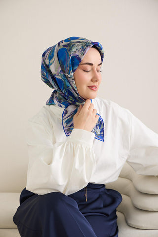Twill İpek Eşarp Floral Art Desen Lacivert 90x90 - Twill İpek Eşarp - | Silk Home