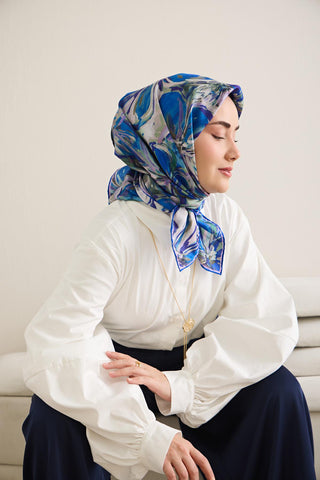 Twill İpek Eşarp Floral Art Desen Lacivert 90x90 - Twill İpek Eşarp - | Silk Home