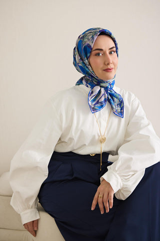 Twill İpek Eşarp Floral Art Desen Lacivert 90x90 - Twill İpek Eşarp - | Silk Home
