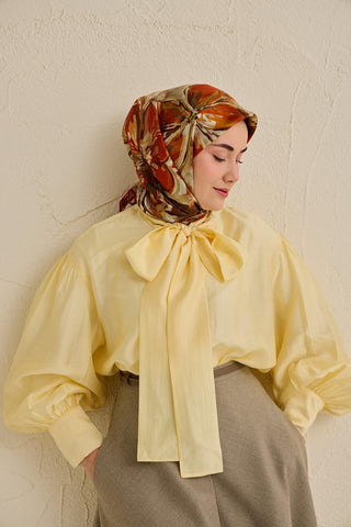 Twill İpek Eşarp Floral Art Desen Taş 90x90 - Twill İpek Eşarp - | Silk Home