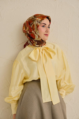 Twill İpek Eşarp Floral Art Desen Taş 90x90 - Twill İpek Eşarp - | Silk Home