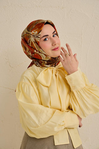 Twill İpek Eşarp Floral Art Desen Taş 90x90 - Twill İpek Eşarp - | Silk Home