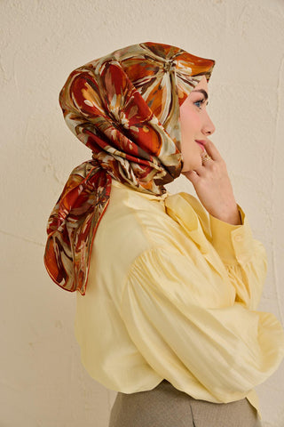 Twill İpek Eşarp Floral Art Desen Taş 90x90 - Twill İpek Eşarp - | Silk Home