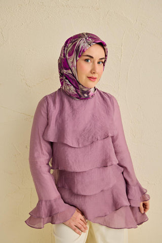 Twill İpek Eşarp Floral Art Desen Gümüş 90x90 - Twill İpek Eşarp - | Silk Home